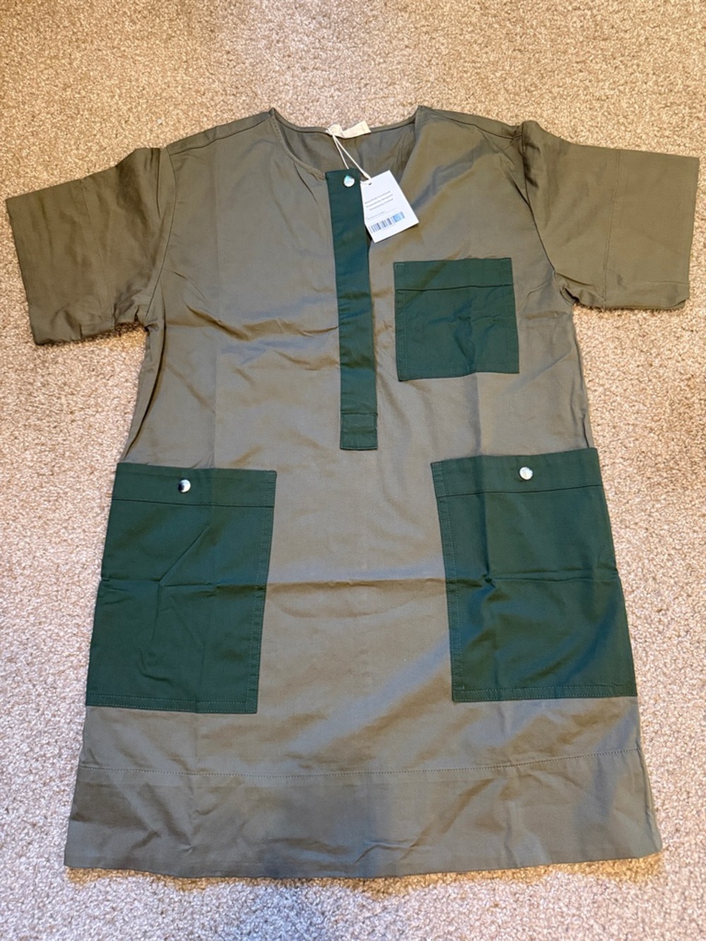 Everlane Two-Tone Safari Olive Mini Dress with Dark Green Pockets